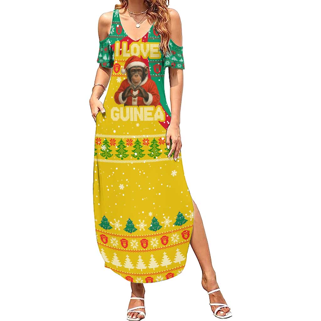 Guinea Christmas Summer Maxi Dress with Santa Chimpanzee Heart Hands and Green Red Snowflake Pattern - Wonder Print Shop