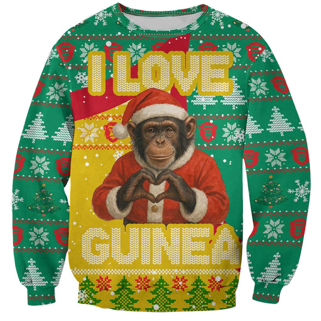 Guinea Christmas Sweatshirt with Santa Chimpanzee Heart Hands and Green Red Snowflake Pattern - Wonder Print Shop