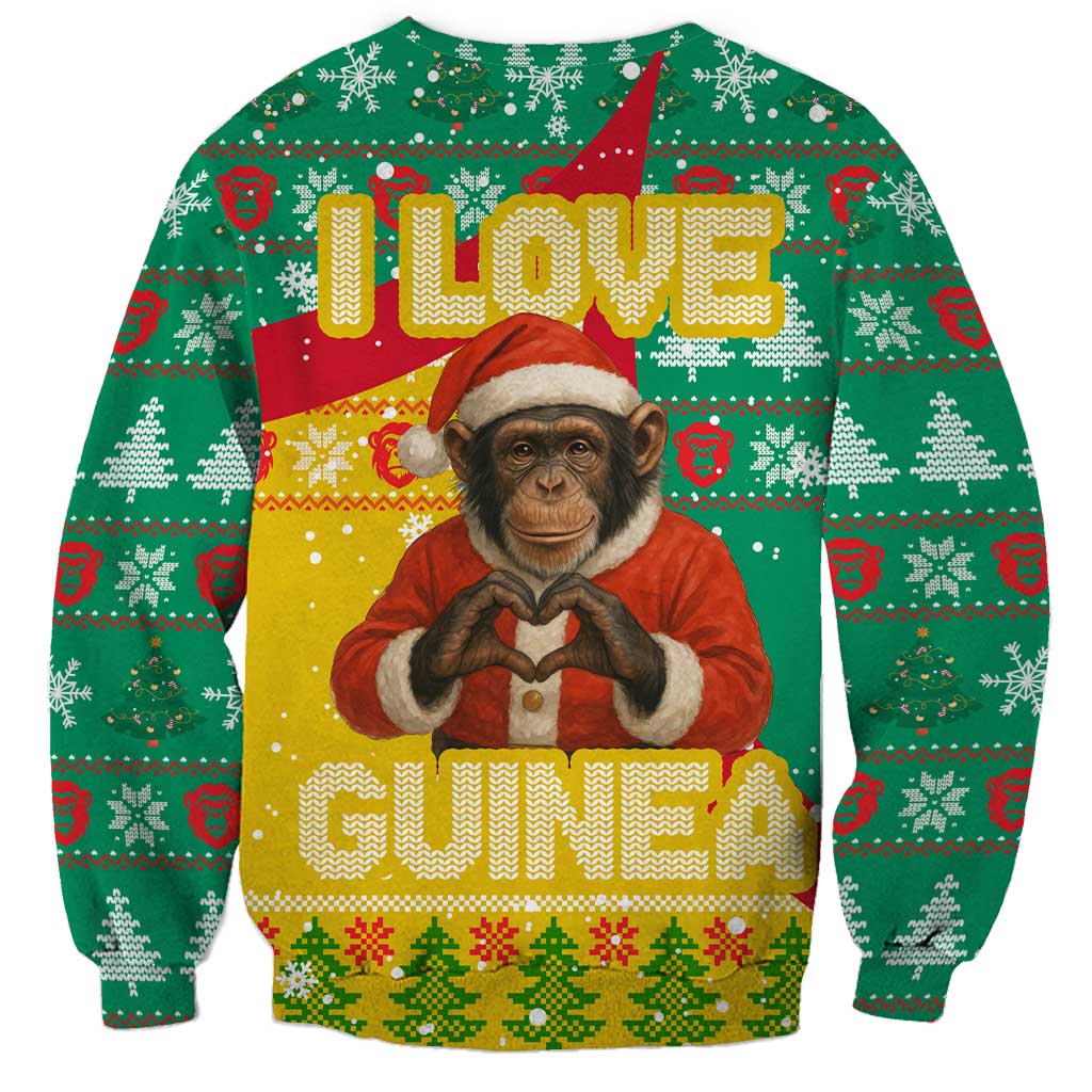 Guinea Christmas Sweatshirt with Santa Chimpanzee Heart Hands and Green Red Snowflake Pattern - Wonder Print Shop