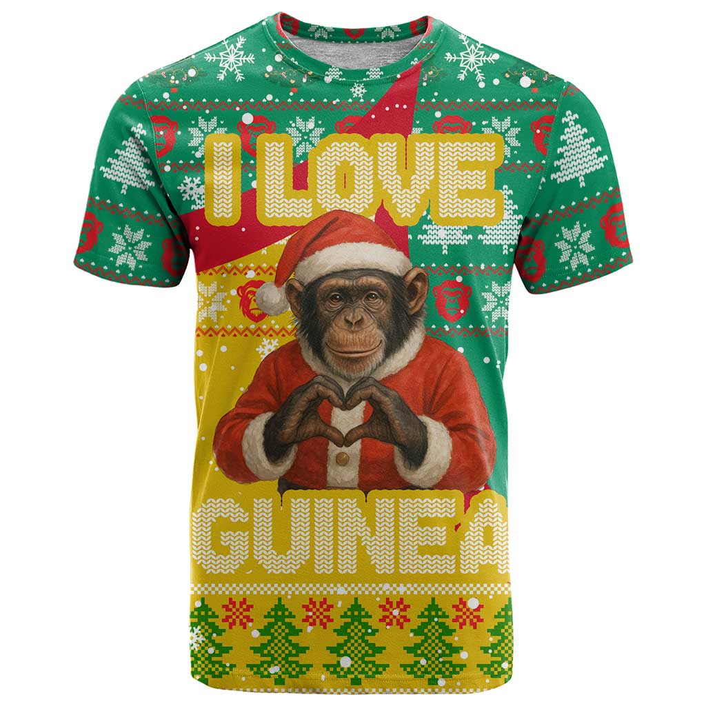 Guinea Christmas T Shirt with Santa Chimpanzee Heart Hands and Green Red Snowflake Pattern - Wonder Print Shop