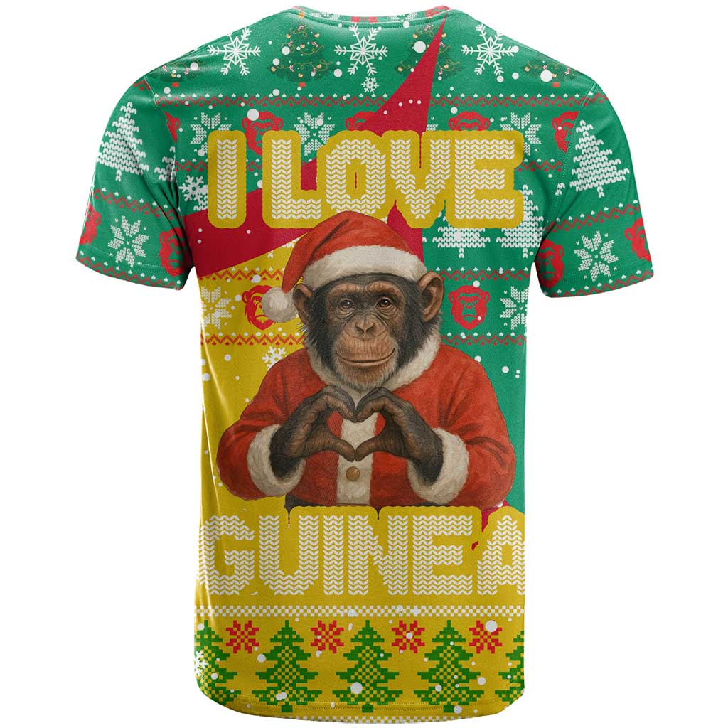 Guinea Christmas T Shirt with Santa Chimpanzee Heart Hands and Green Red Snowflake Pattern - Wonder Print Shop