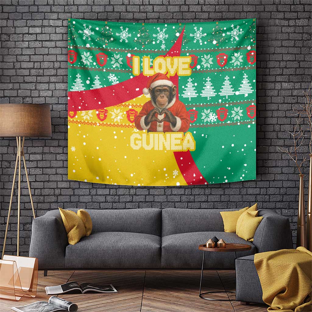 Guinea Christmas Tapestry with Santa Chimpanzee Heart Hands and Green Red Snowflake Pattern - Wonder Print Shop