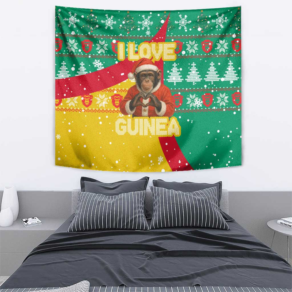 Guinea Christmas Tapestry with Santa Chimpanzee Heart Hands and Green Red Snowflake Pattern - Wonder Print Shop