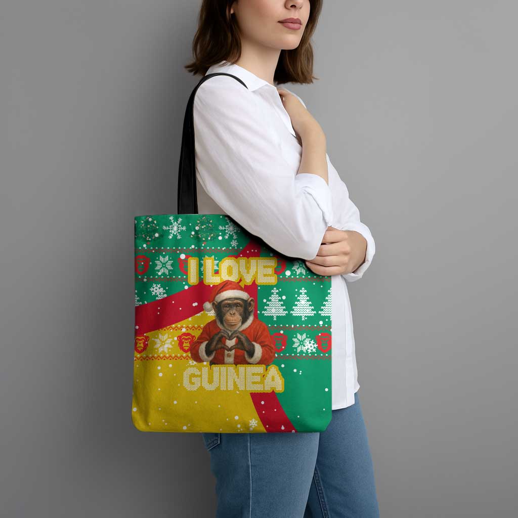 Guinea Christmas Tote Bag with Santa Chimpanzee Heart Hands and Green Red Snowflake Pattern - Wonder Print Shop