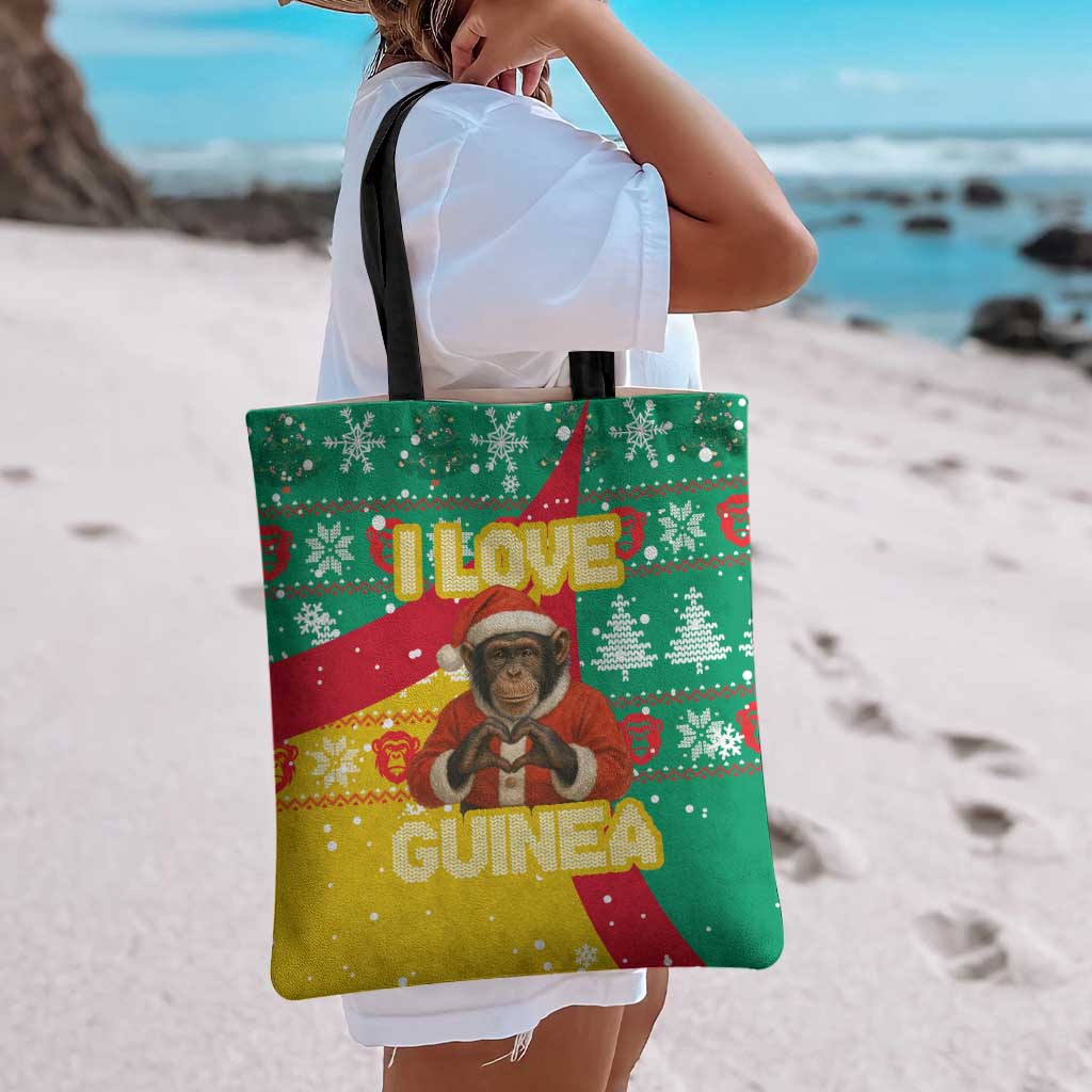 Guinea Christmas Tote Bag with Santa Chimpanzee Heart Hands and Green Red Snowflake Pattern - Wonder Print Shop