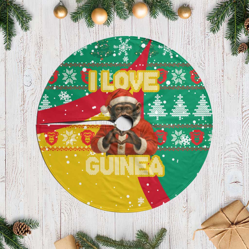 Guinea Christmas Tree Skirt with Santa Chimpanzee Heart Hands and Green Red Snowflake Pattern - Wonder Print Shop