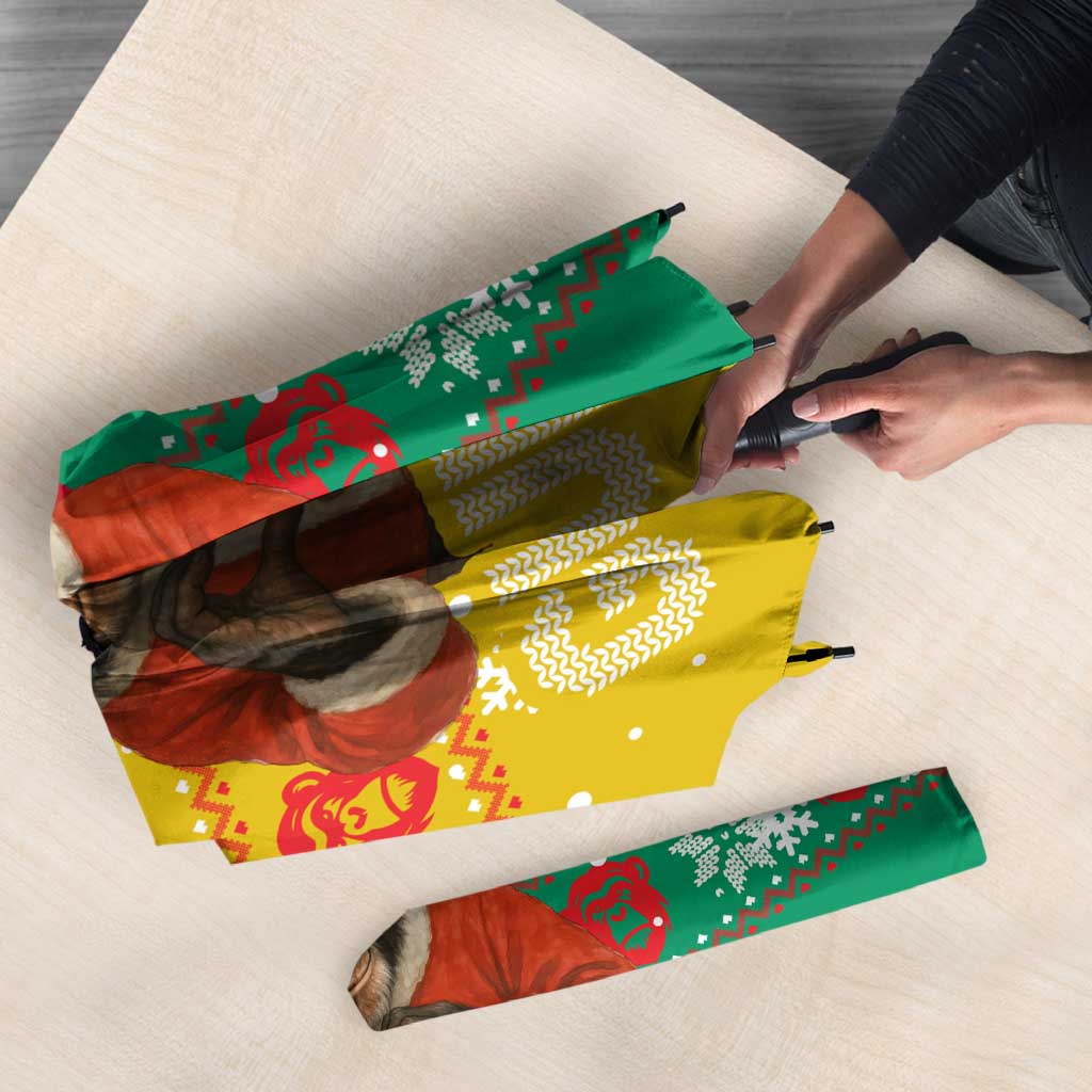 Guinea Christmas Umbrella with Santa Chimpanzee Heart Hands and Green Red Snowflake Pattern - Wonder Print Shop