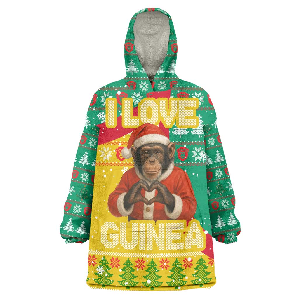 Guinea Christmas Wearable Blanket Hoodie with Santa Chimpanzee Heart Hands and Green Red Snowflake Pattern - Wonder Print Shop