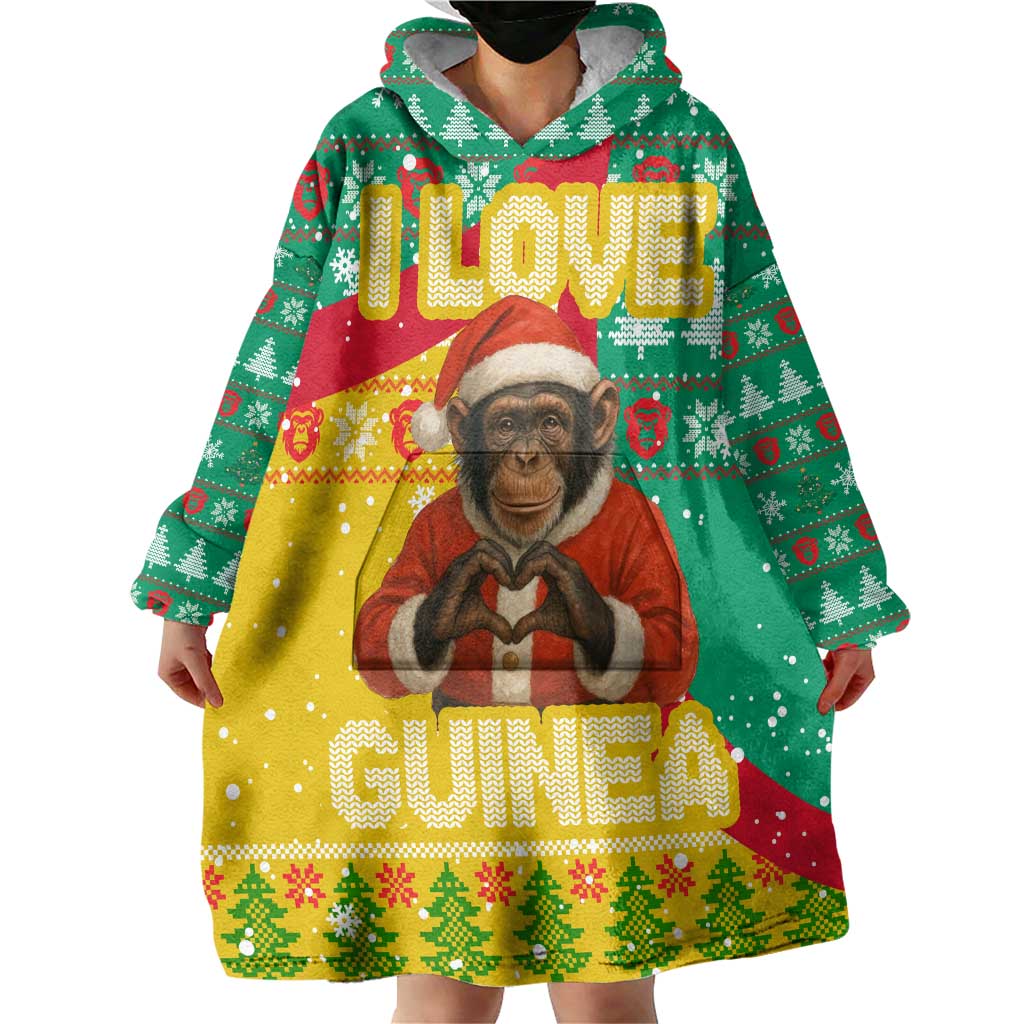 Guinea Christmas Wearable Blanket Hoodie with Santa Chimpanzee Heart Hands and Green Red Snowflake Pattern - Wonder Print Shop