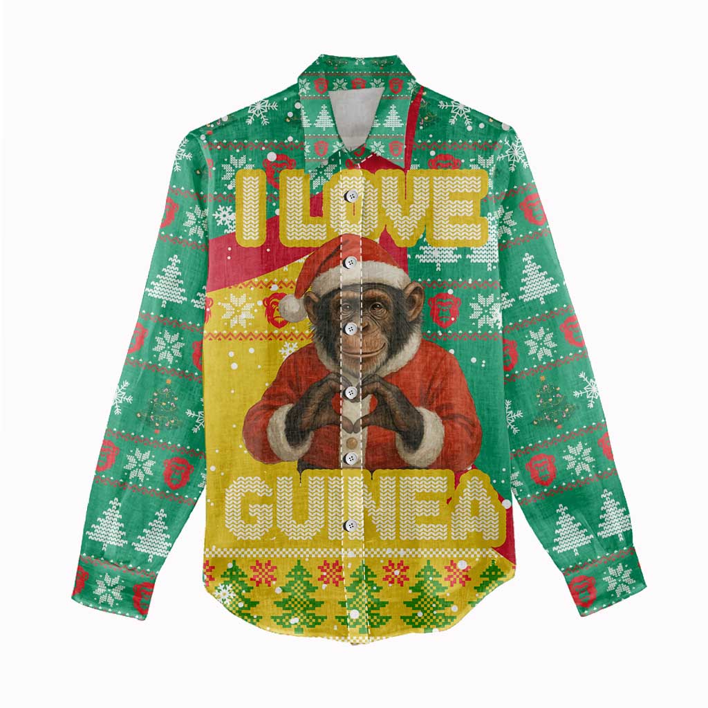 Guinea Christmas Women Casual Shirt with Santa Chimpanzee Heart Hands and Green Red Snowflake Pattern - Wonder Print Shop