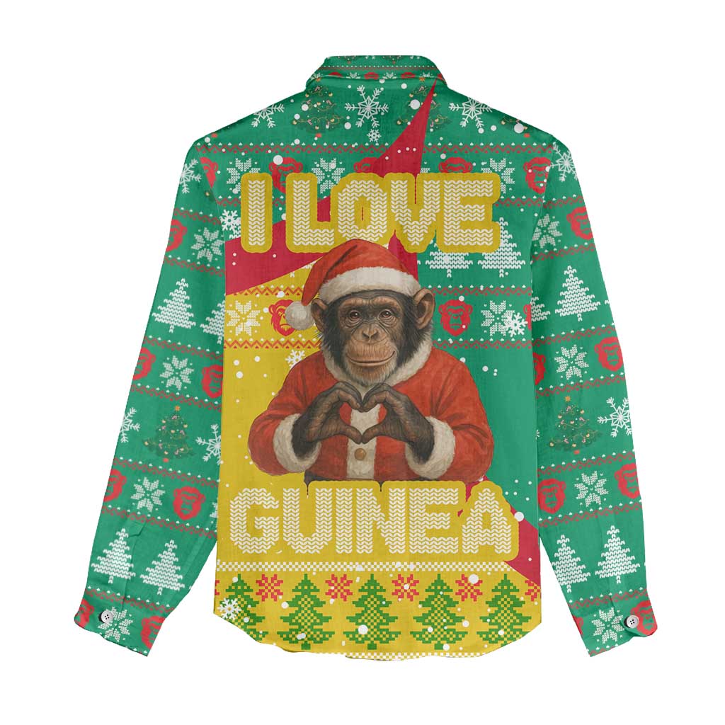 Guinea Christmas Women Casual Shirt with Santa Chimpanzee Heart Hands and Green Red Snowflake Pattern - Wonder Print Shop