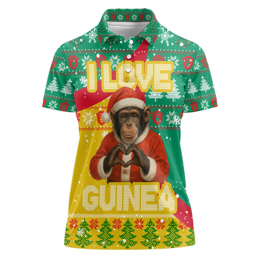 Guinea Christmas Women Polo Shirt with Santa Chimpanzee Heart Hands and Green Red Snowflake Pattern - Wonder Print Shop