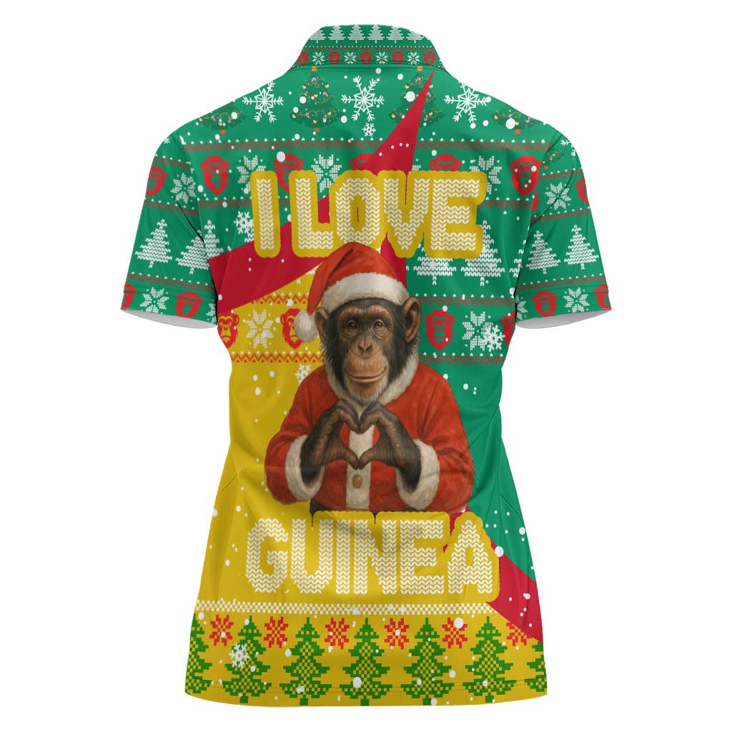 Guinea Christmas Women Polo Shirt with Santa Chimpanzee Heart Hands and Green Red Snowflake Pattern - Wonder Print Shop