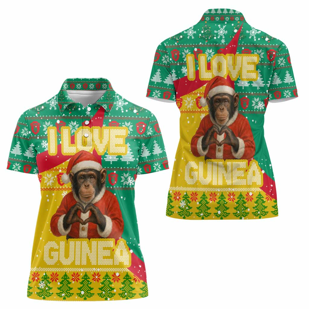 Guinea Christmas Women Polo Shirt with Santa Chimpanzee Heart Hands and Green Red Snowflake Pattern - Wonder Print Shop