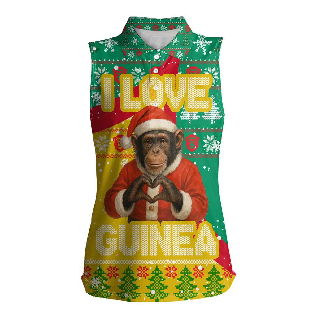 Guinea Christmas Women Sleeveless Polo Shirt with Santa Chimpanzee Heart Hands and Green Red Snowflake Pattern - Wonder Print Shop