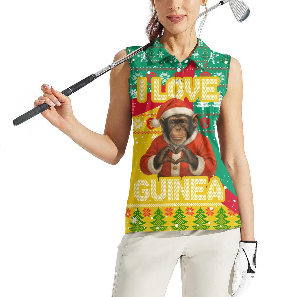 Guinea Christmas Women Sleeveless Polo Shirt with Santa Chimpanzee Heart Hands and Green Red Snowflake Pattern - Wonder Print Shop