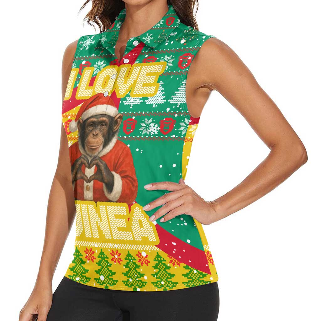 Guinea Christmas Women Sleeveless Polo Shirt with Santa Chimpanzee Heart Hands and Green Red Snowflake Pattern - Wonder Print Shop