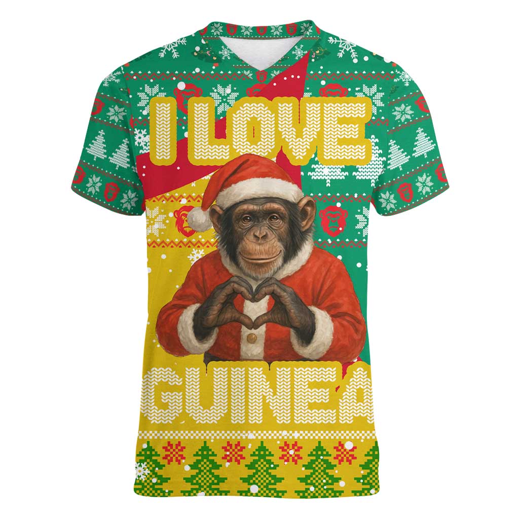 Guinea Christmas Women V-Neck T-Shirt with Santa Chimpanzee Heart Hands and Green Red Snowflake Pattern - Wonder Print Shop