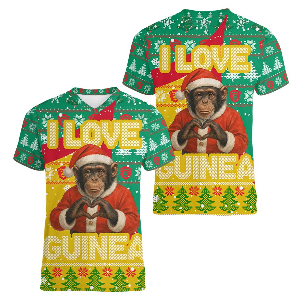 Guinea Christmas Women V-Neck T-Shirt with Santa Chimpanzee Heart Hands and Green Red Snowflake Pattern - Wonder Print Shop