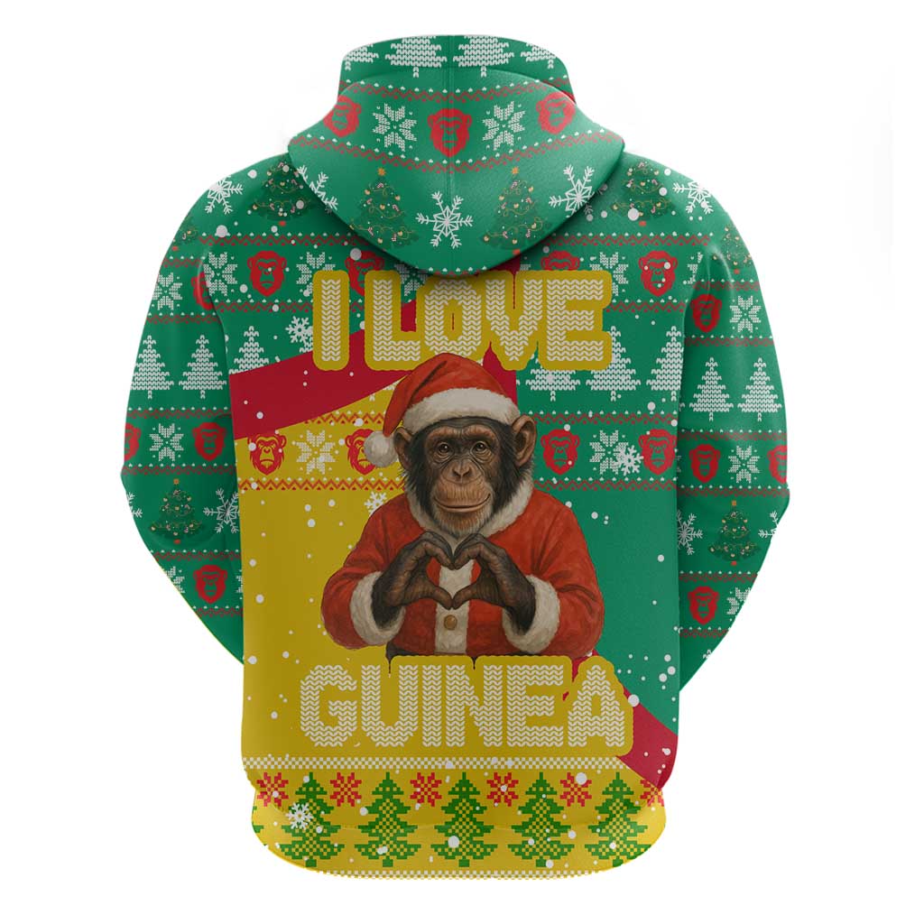 Guinea Christmas Zip Hoodie with Santa Chimpanzee Heart Hands and Green Red Snowflake Pattern - Wonder Print Shop