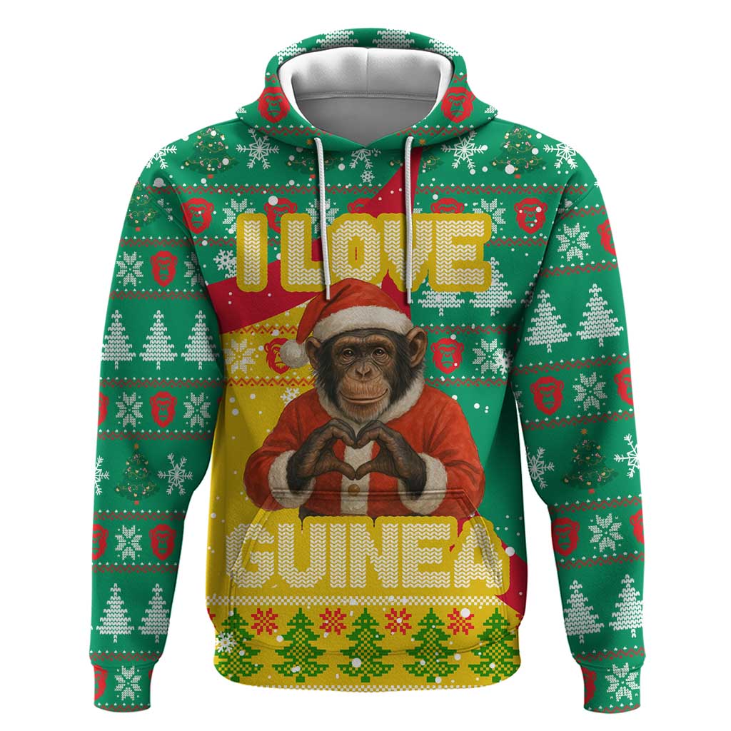Guinea Christmas Zip Hoodie with Santa Chimpanzee Heart Hands and Green Red Snowflake Pattern - Wonder Print Shop
