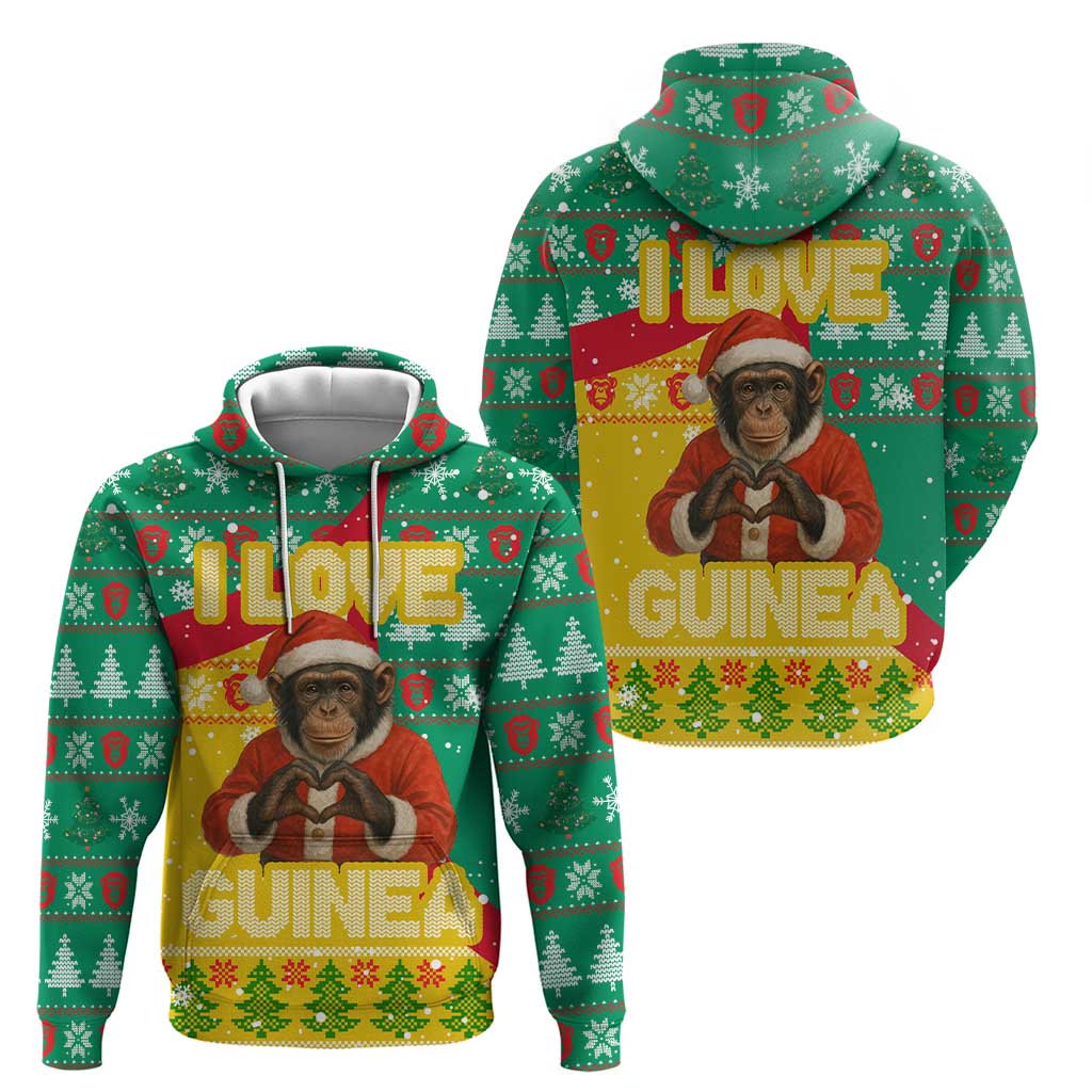 Guinea Christmas Zip Hoodie with Santa Chimpanzee Heart Hands and Green Red Snowflake Pattern - Wonder Print Shop