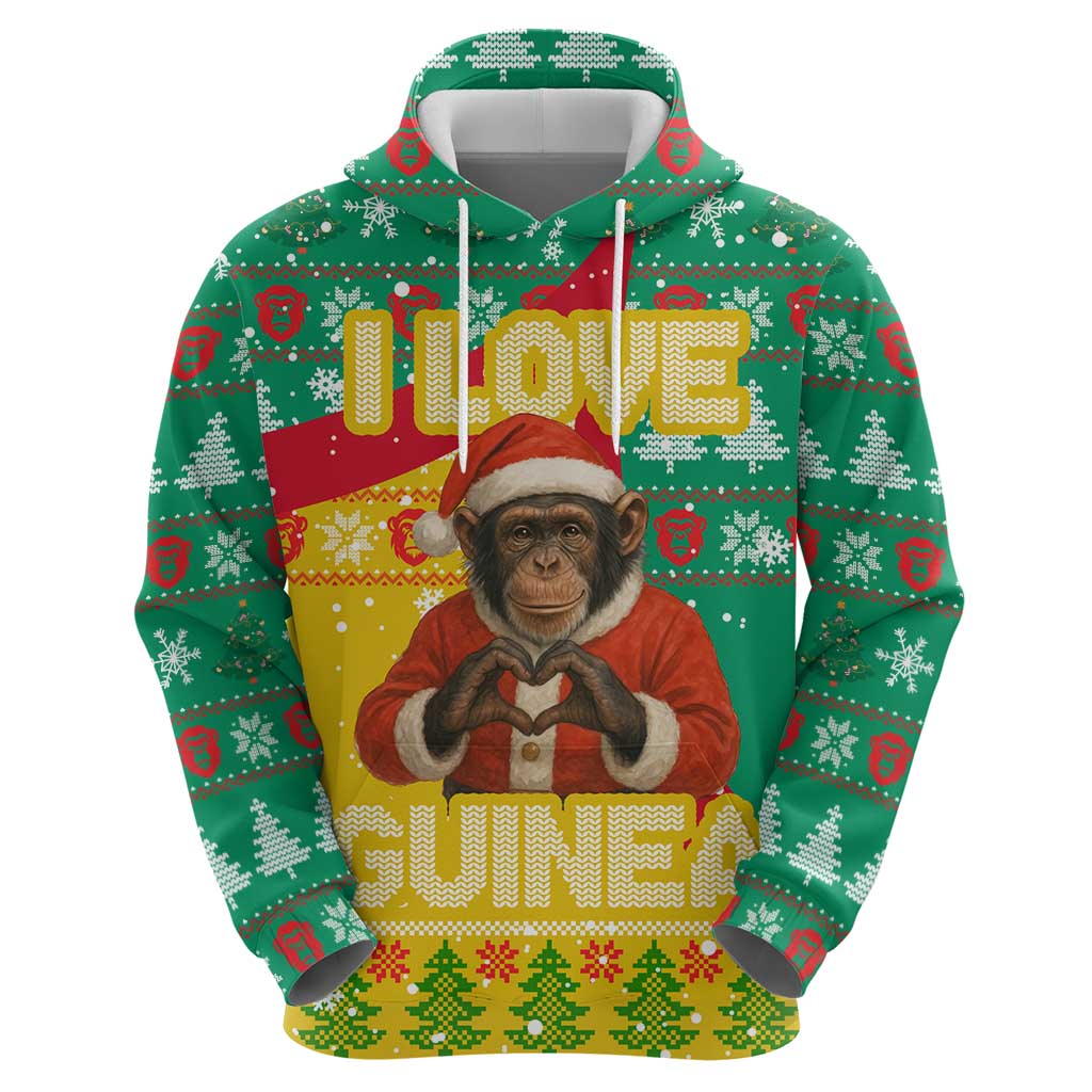 Guinea Christmas Zip Hoodie with Santa Chimpanzee Heart Hands and Green Red Snowflake Pattern - Wonder Print Shop