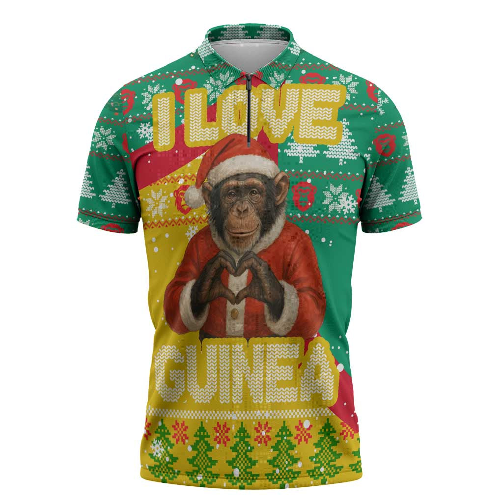 Guinea Christmas Zipper Polo Shirt with Santa Chimpanzee Heart Hands and Green Red Snowflake Pattern - Wonder Print Shop