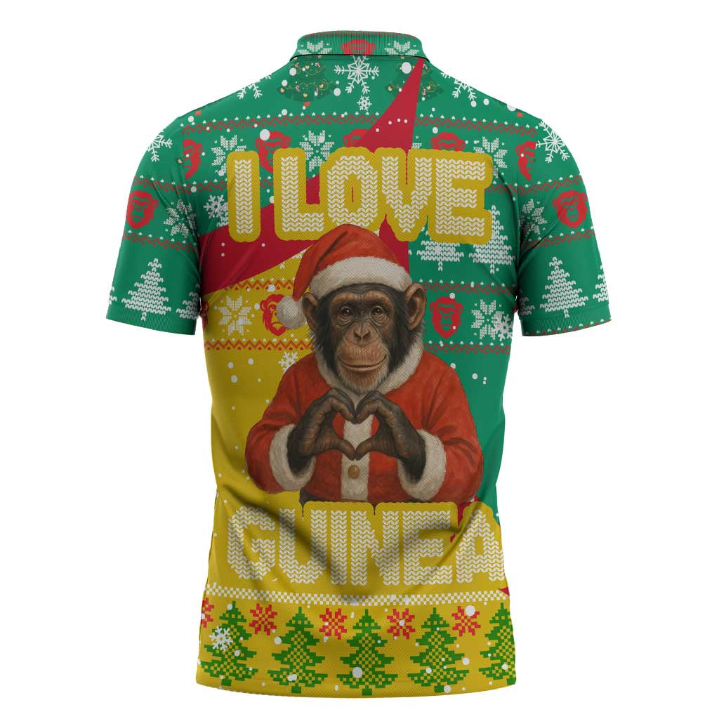 Guinea Christmas Zipper Polo Shirt with Santa Chimpanzee Heart Hands and Green Red Snowflake Pattern - Wonder Print Shop