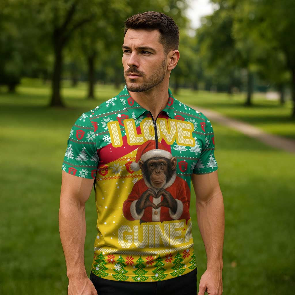 Guinea Christmas Zipper Polo Shirt with Santa Chimpanzee Heart Hands and Green Red Snowflake Pattern - Wonder Print Shop