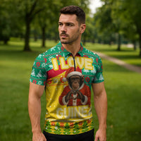 Guinea Christmas Zipper Polo Shirt with Santa Chimpanzee Heart Hands and Green Red Snowflake Pattern - Wonder Print Shop