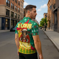 Guinea Christmas Zipper Polo Shirt with Santa Chimpanzee Heart Hands and Green Red Snowflake Pattern - Wonder Print Shop