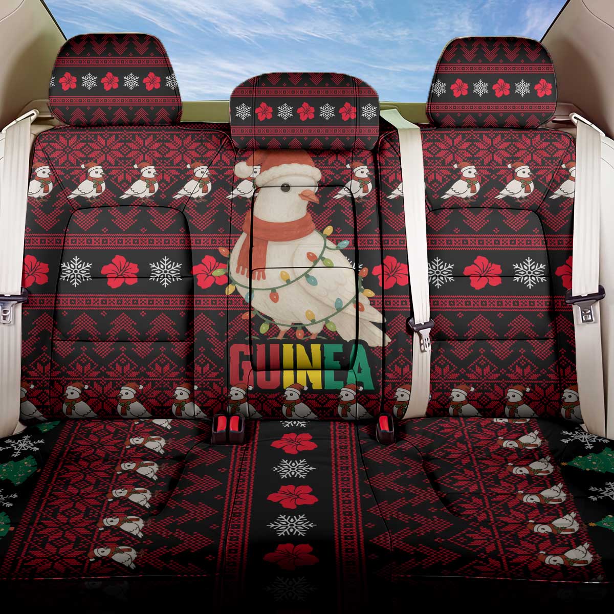 Guinea Christmas Back Car Seat Cover with Festive Dove String Lights and Red Black Holiday Pattern - Wonder Print Shop