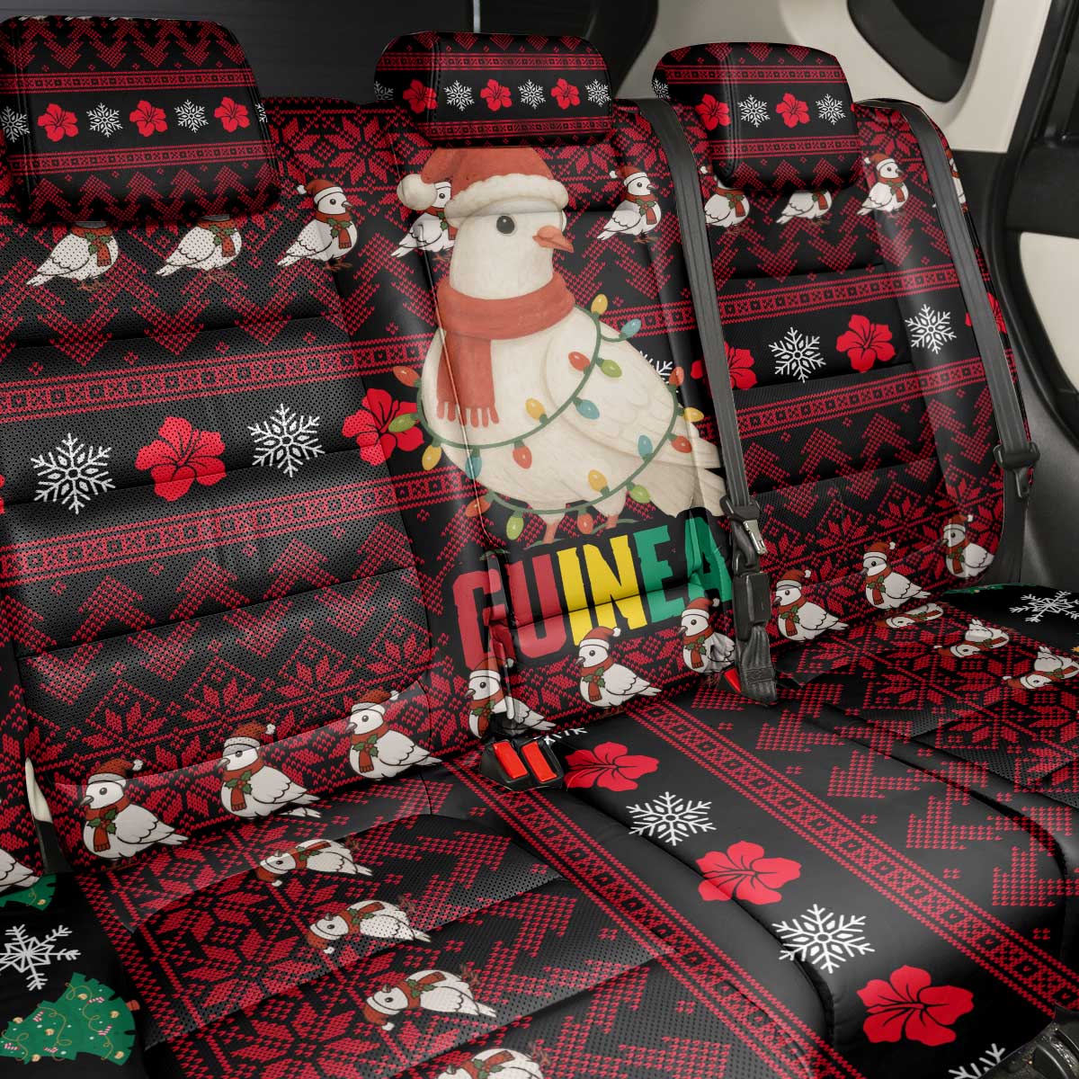 Guinea Christmas Back Car Seat Cover with Festive Dove String Lights and Red Black Holiday Pattern - Wonder Print Shop