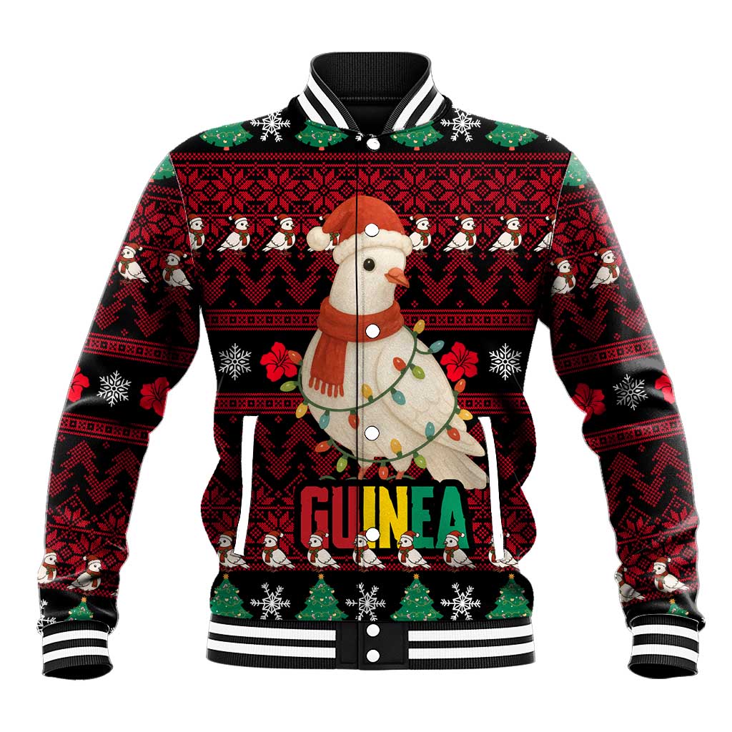 Guinea Christmas Baseball Jacket with Festive Dove String Lights and Red Black Holiday Pattern - Wonder Print Shop