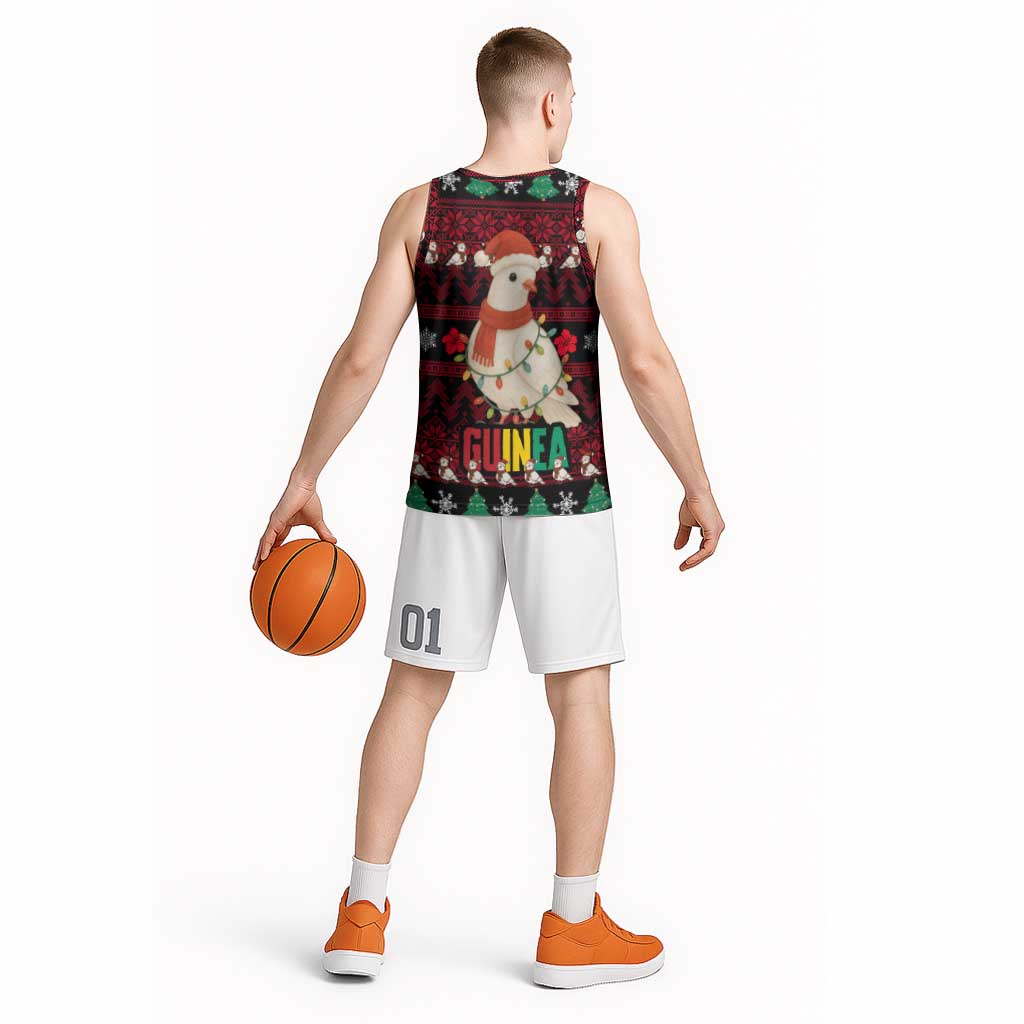 Guinea Christmas Basketball Jersey with Festive Dove String Lights and Red Black Holiday Pattern - Wonder Print Shop