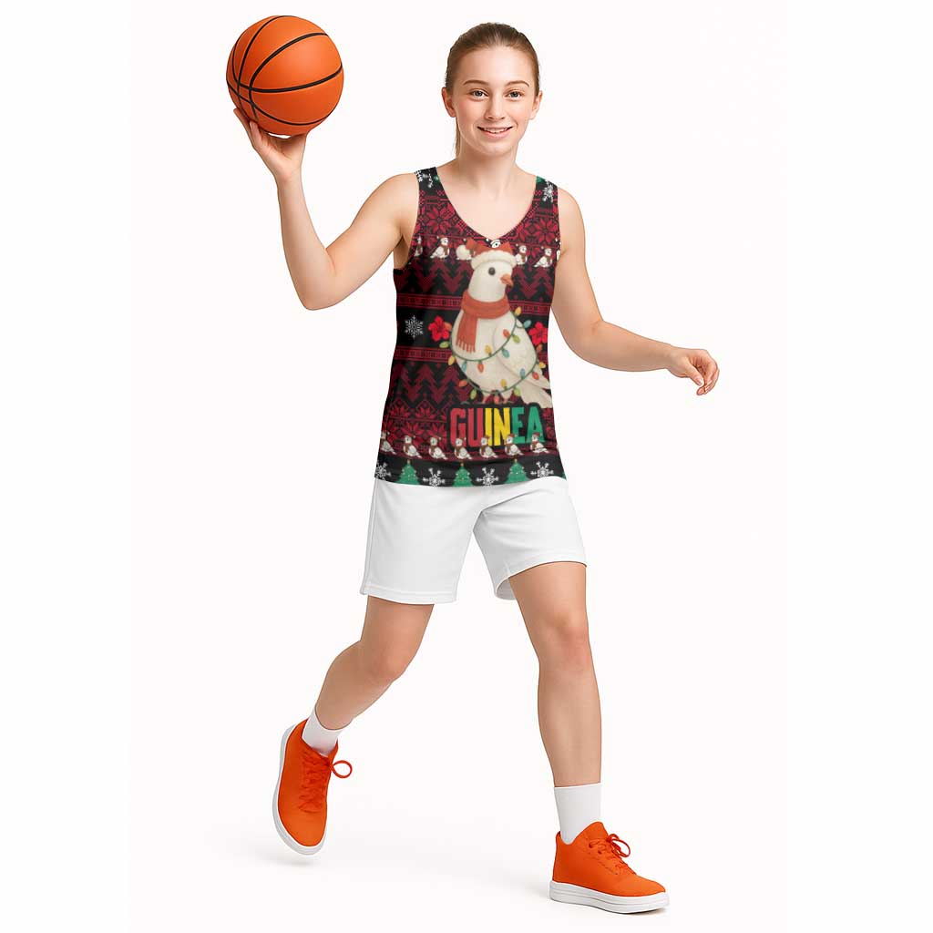 Guinea Christmas Basketball Jersey with Festive Dove String Lights and Red Black Holiday Pattern - Wonder Print Shop