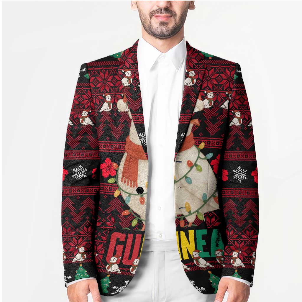 Guinea Christmas Blazer with Festive Dove String Lights and Red Black Holiday Pattern - Wonder Print Shop