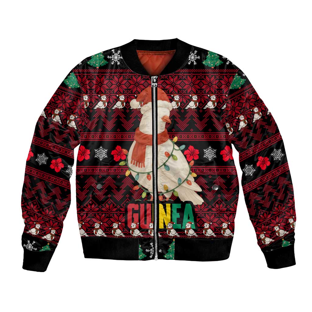 Guinea Christmas Bomber Jacket with Festive Dove String Lights and Red Black Holiday Pattern - Wonder Print Shop