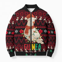 Guinea Christmas Bomber Puffer Jacket with Festive Dove String Lights and Red Black Holiday Pattern - Wonder Print Shop