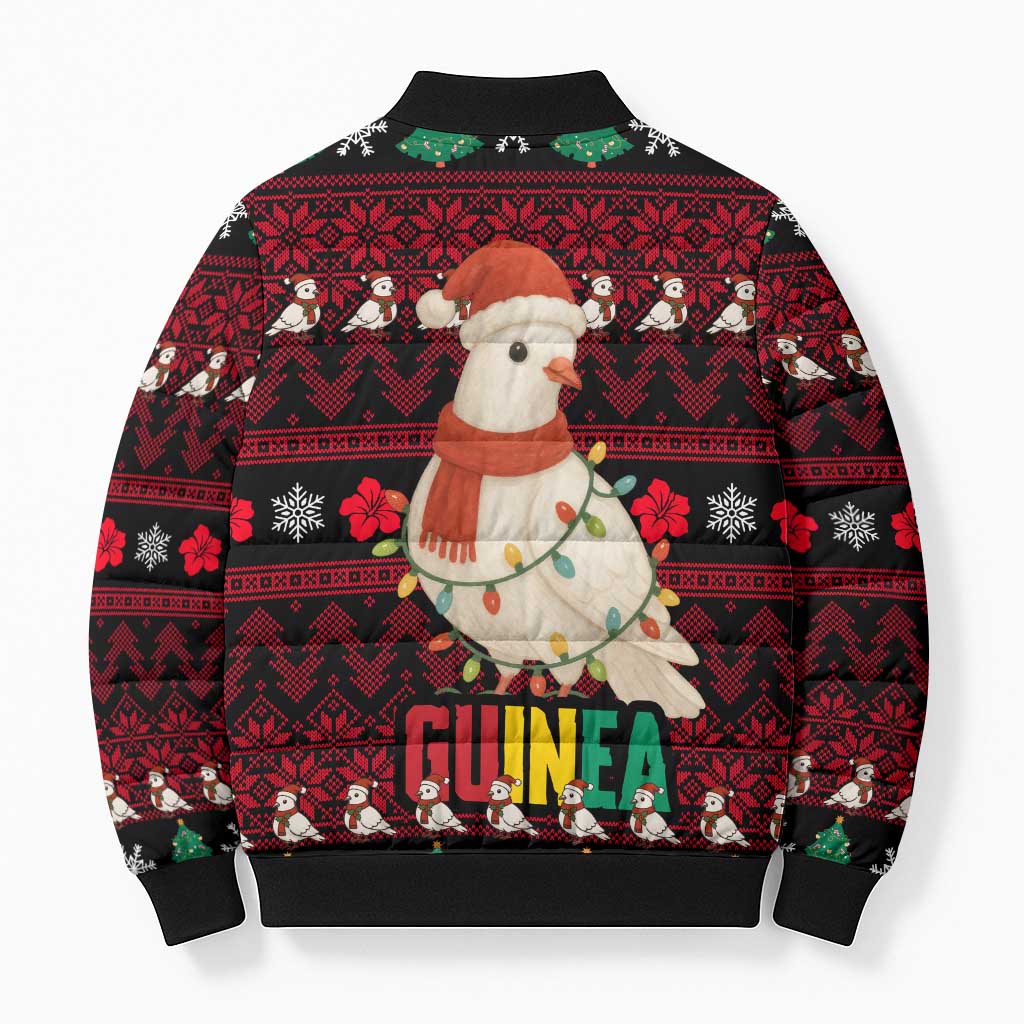 Guinea Christmas Bomber Puffer Jacket with Festive Dove String Lights and Red Black Holiday Pattern - Wonder Print Shop