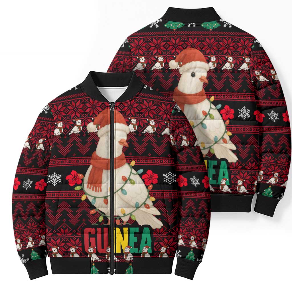 Guinea Christmas Bomber Puffer Jacket with Festive Dove String Lights and Red Black Holiday Pattern - Wonder Print Shop