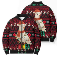 Guinea Christmas Bomber Puffer Jacket with Festive Dove String Lights and Red Black Holiday Pattern - Wonder Print Shop