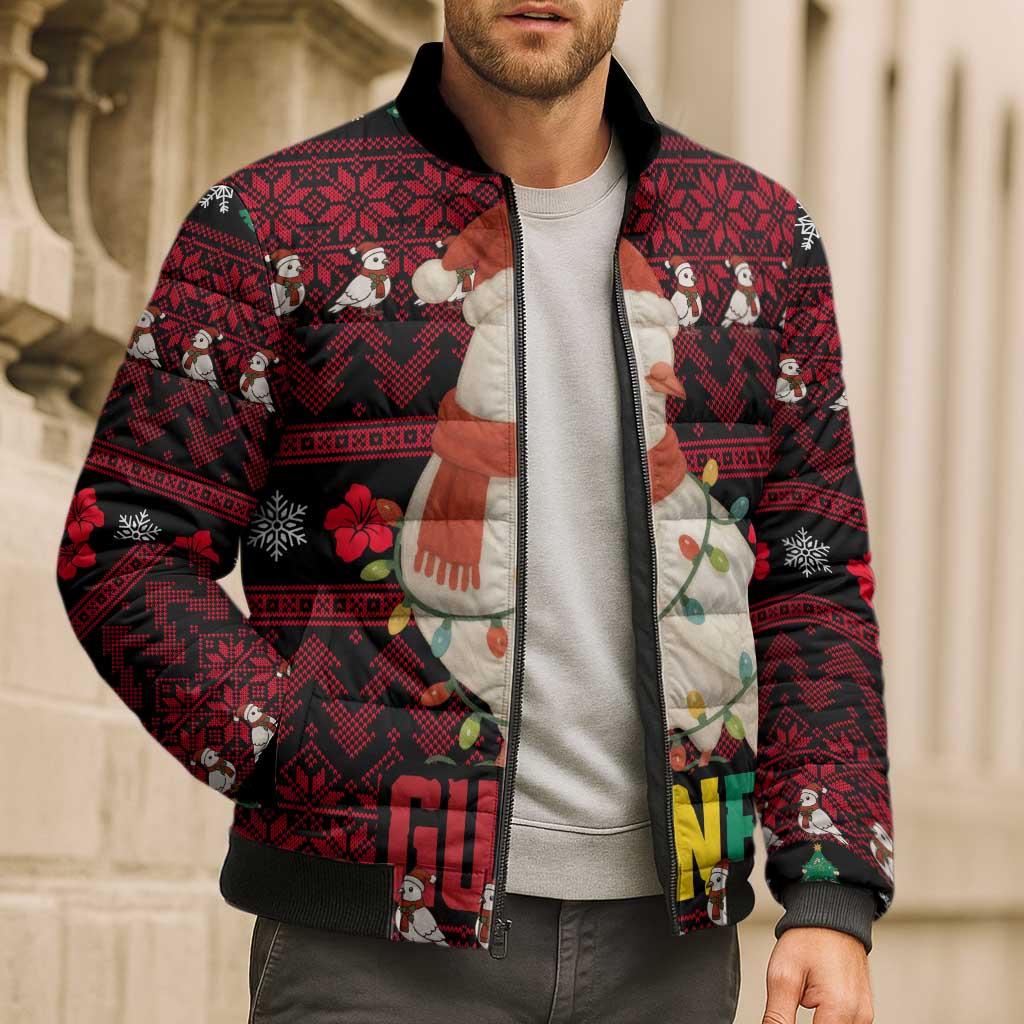 Guinea Christmas Bomber Puffer Jacket with Festive Dove String Lights and Red Black Holiday Pattern - Wonder Print Shop
