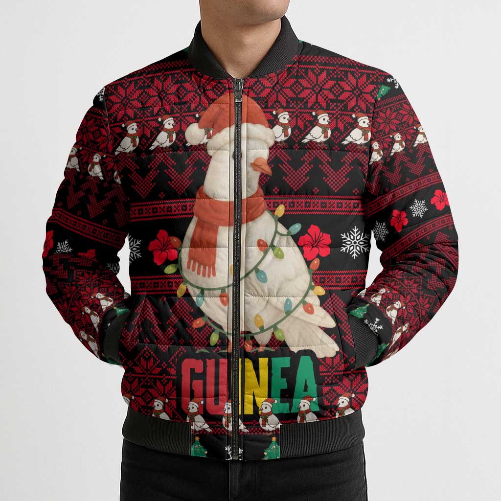 Guinea Christmas Bomber Puffer Jacket with Festive Dove String Lights and Red Black Holiday Pattern - Wonder Print Shop
