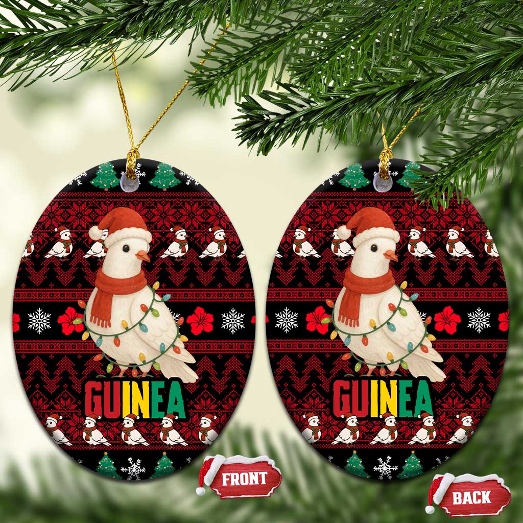 Guinea Christmas Ceramic Ornament with Festive Dove String Lights and Red Black Holiday Pattern - Wonder Print Shop