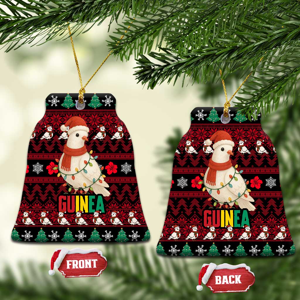 Guinea Christmas Ceramic Ornament with Festive Dove String Lights and Red Black Holiday Pattern - Wonder Print Shop
