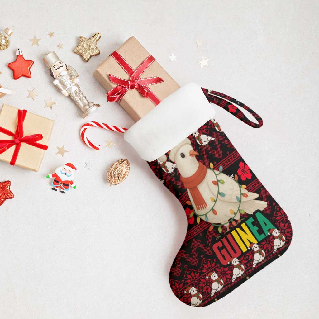 Guinea Christmas Stocking with Festive Dove String Lights and Red Black Holiday Pattern - Wonder Print Shop