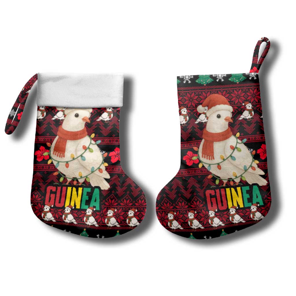 Guinea Christmas Stocking with Festive Dove String Lights and Red Black Holiday Pattern - Wonder Print Shop