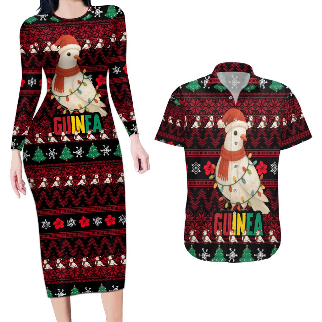 Guinea Christmas Couples Matching Long Sleeve Bodycon Dress and Hawaiian Shirt with Festive Dove String Lights and Red Black Holiday Pattern - Wonder Print Shop